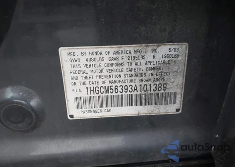 2003 Honda Accord 2.4 Lx из США, поврежденный, VIN 1HGCM56393A101389